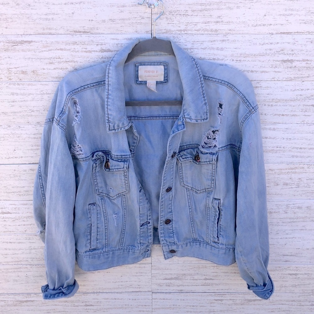 Forever 21 Distressed Denim Jacket | SIZE L